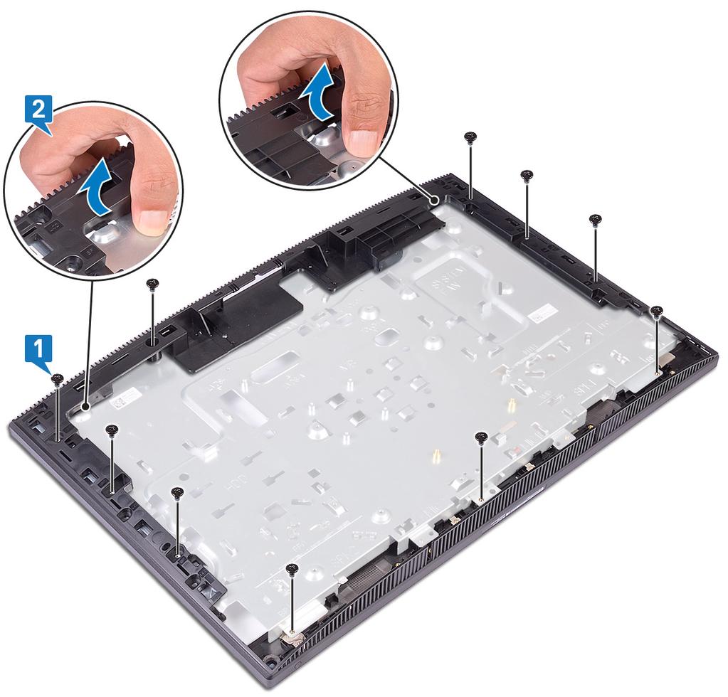 Procedura 1 Wykręć 13 śrub (czarnych śrub M3x5) mocujących ramę środkową do podstawy zestawu wyświetlacza.