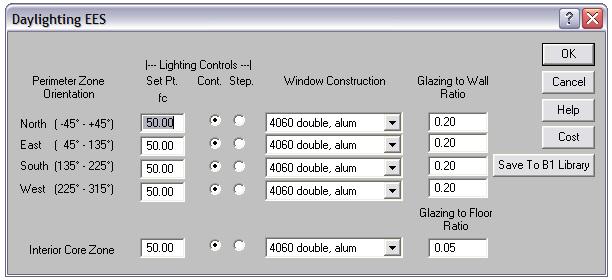 Rys. 2. Okno definiowania oświetlenia dziennego w programie ENERGY-10. Fig. 2. Daylighting Design Guideline Dialog Box from ENERGY-10. Jako pierwsze symulowane jest oświetlenie dzienne.
