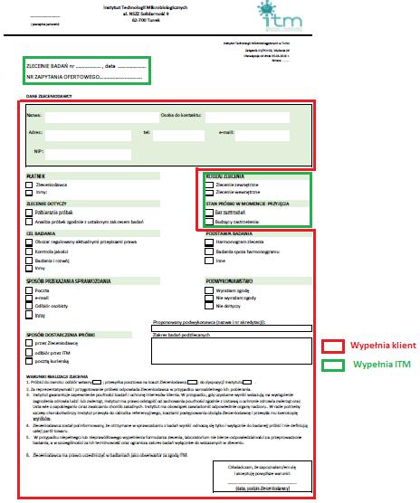 7. Instrukcja wypełniania,,zlecenia badań Kolorystyczne rozróżnienie na wzorze,,zlecenie badań wskazuje które informacje powinien umieścić Klient (kolor