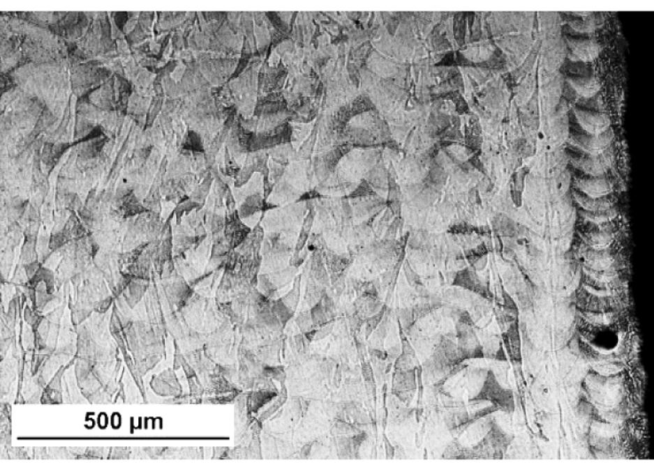 Figure 7 shows the etched surface with visible pores (mostly spherical) with very different diameters ranging from about 1µm to 60μm. The overall porosity of the samples is rated at 2%.