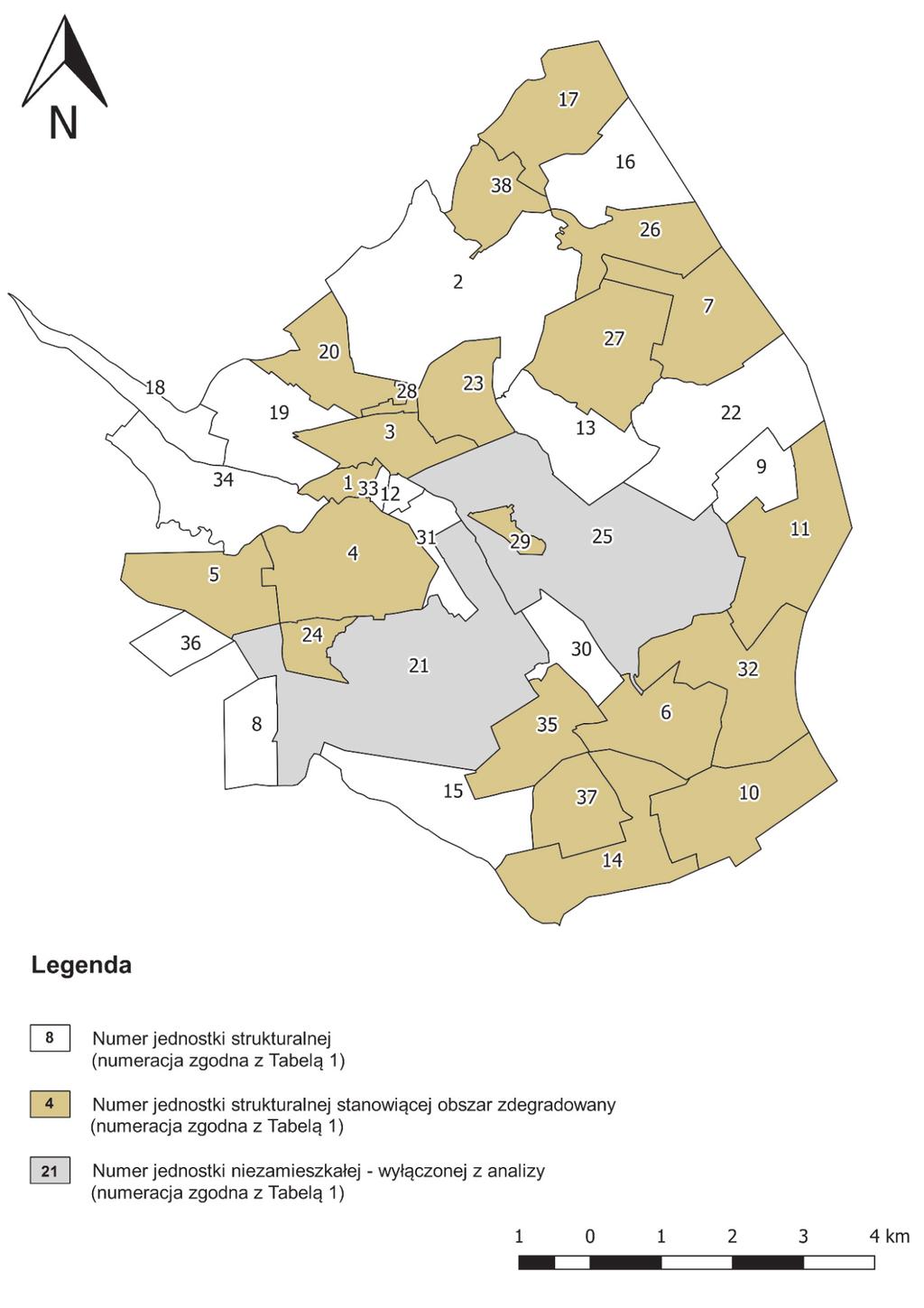 Mapa 1 Granice wyznaczonego obszaru zdegradowanego na terenie Gminy Konstancin-Jeziorna Numer jednostki strukturalnej (numeracja zgodna z tabelą 1) Numer jednostki strukturalnej stanowiej obszar