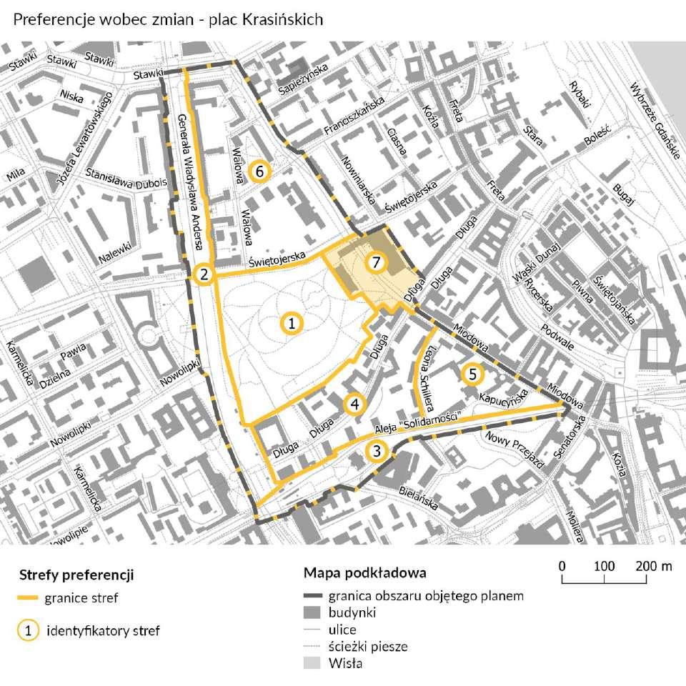 PREFERENCJE - 7 Plac Krasińskich wraz Pałacem Krasińskich (strefa oznaczona nr 7 na mapie) jest terenem, dla którego przeważają głosy opowiadające się za zachowaniem jego charakteru.