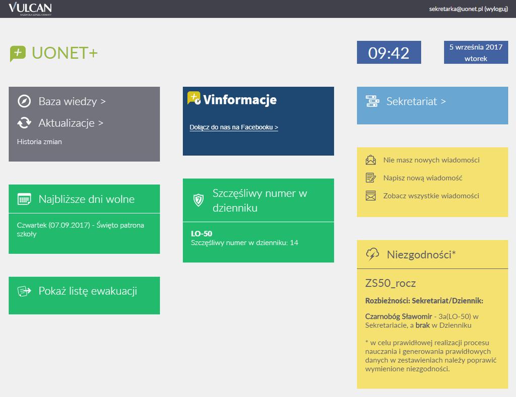 Informacje podstawowe o systemie Uczniowie Optivum NET + Kafelek/ Zawartość Niezgodności Szczęśliwy numer w dzienniku Opis Informacje dotyczące rozbieżności w danych dotyczących przebywania uczniów w
