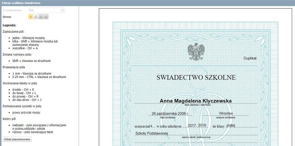 Sporządzanie wydruków 2. Usuwanie szablonu świadectw Aby usunąć szablon świadectw należy: Wybrać wzór szablonu kliknąć przycisk Zmień. W oknie edycji szablonu kliknąć przycisk Usuń.