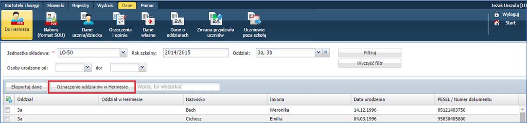 Wymiana danych z innymi programami Aby wskazać oznaczenie oddziału, które ma się