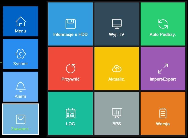 Zaawans. Informacje o HDD Wyj. TV Auto Podtrzy. Przywróć Aktualiz. Import/Export LOG BPS Wersja MENU Główne Status dysków HDD, formatowanie dysków Dostosowanie parametrów dla wyjścia VGA/HDMI/BNC np.