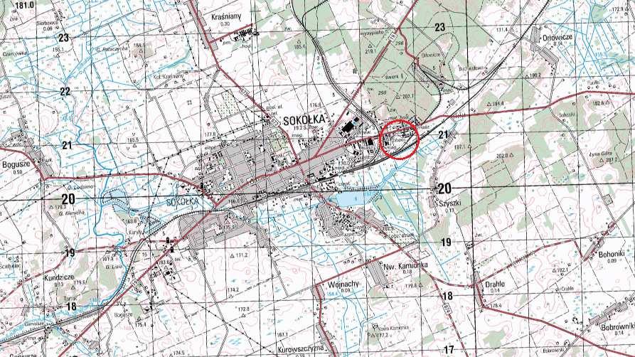 Analizoany obszar położony jest na schodnich obrzeżach miejscoości, pobliżu istniejącego terminala przeładunkoego ęgla, gazu i naozó. Zgodnie z podziałem dokonanym przez J. Kondrackiego i A.