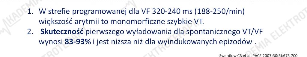 PRZEWIDYWANIE PRZERWANIA SPONTANICZNEGO VT/VF 1. W strefie programowanej dla VF 320-240 ms (188-250/min) większość arytmii to monomorficzne szybkie VT. 2.