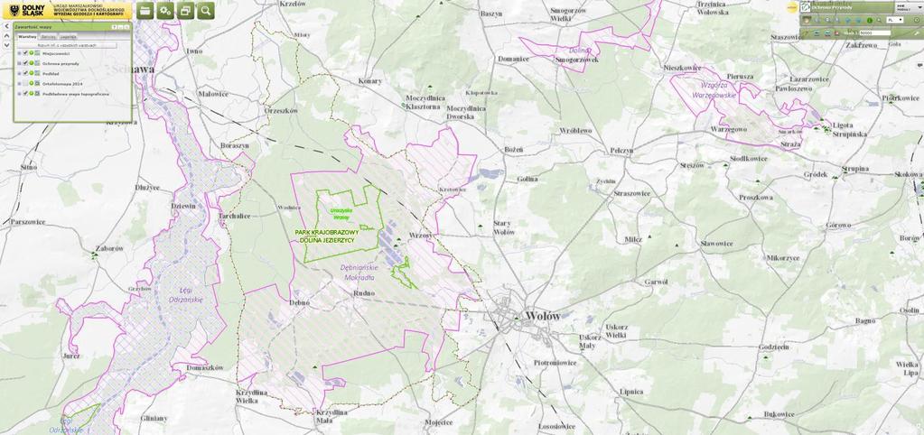 Moduł mapowy Ochrona przyrody prezentujący wybrane formy ochrony przyrody w