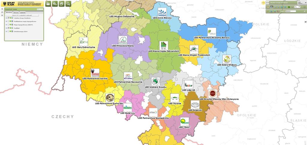Mapa prezentująca Lokalne Grupy Działania na Dolnym Śląsku.