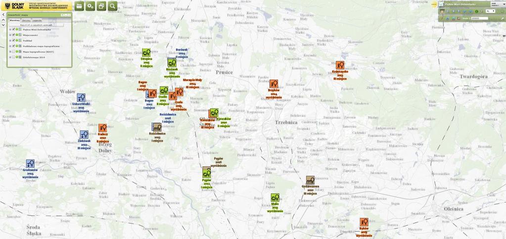 Mapa prezentująca wyniki konkursu Piękna Wieś Dolnośląska, który ma na celu wyłonienie i promowanie