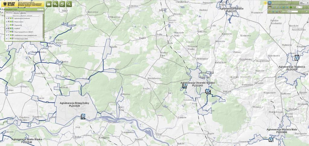 Moduł mapowy Aglomeracje ściekowe, zawiera granice