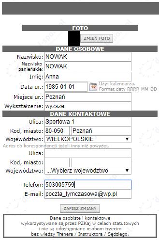 c. Dane osobowe i dane kontaktowe Należy uzupełnić wszystkie pola, w szczególności TELEFON oraz E-MAIL gdyż