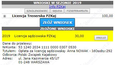 udzielenie licencji w wysokości ustalonej przez Zarząd PZKaj. na dany sezon. 2.