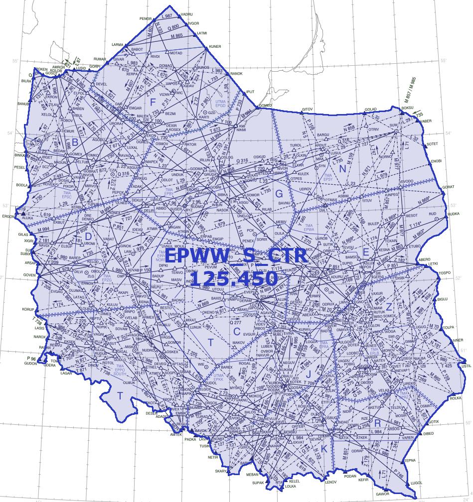 2. Podział sektorowy Znak wywoławczy: Warszawa Radar EPWW_S_CTR 125.450 [częstotliwość podstawowa] EPWW_N_CTR 130.670 EPWW_W_CTR 134.