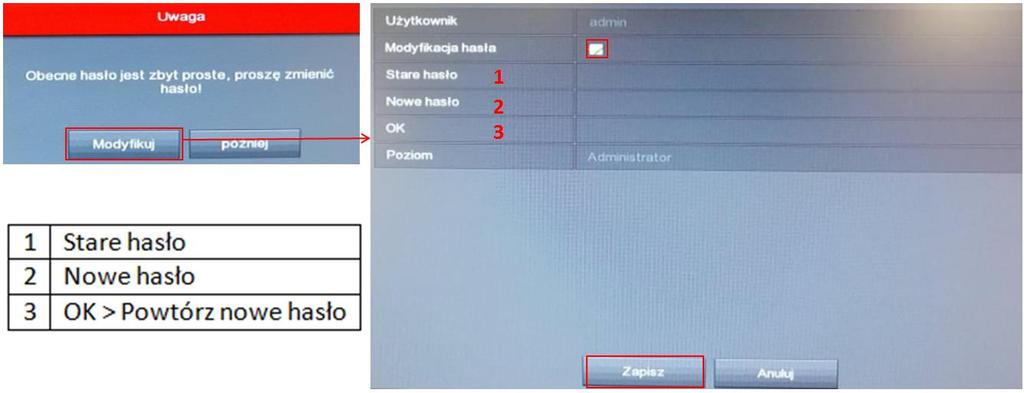 Przy logowaniu wyskoczy okno zmiany hasła, jeśli chcesz przejść dalej do konfiguracji wybierz okno później, jeśli chcesz zmienić hasło wybierz modyfikuj