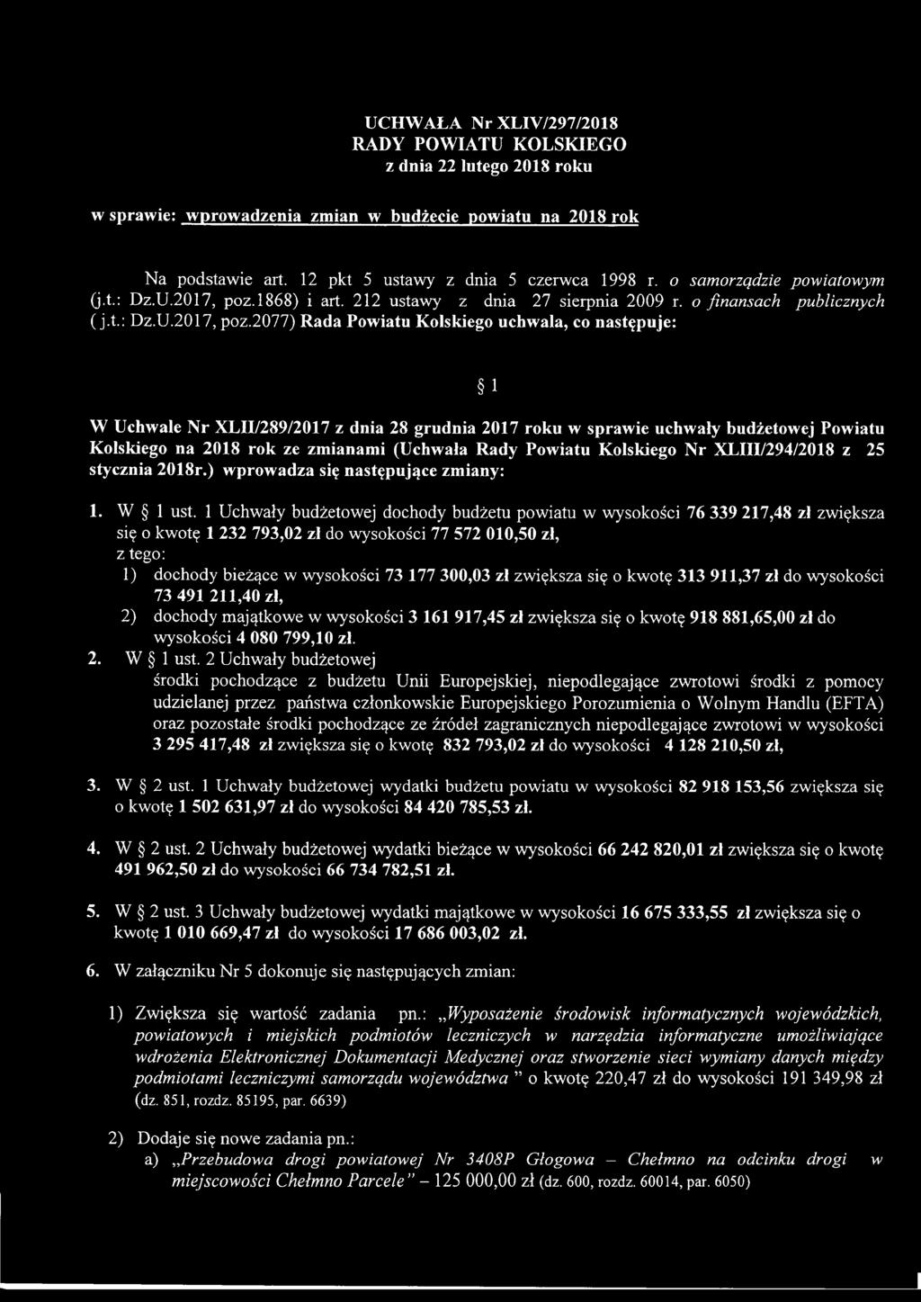 2077) Rada Powiatu Kolskiego uchwala, co następuje: l W Uchwale Nr XLI1/289/2017 z dnia 28 grudnia 2017 roku w sprawie uchwały budżetowej Powiatu Kolskiego na 2018 rok ze zmianami (Uchwała Rady