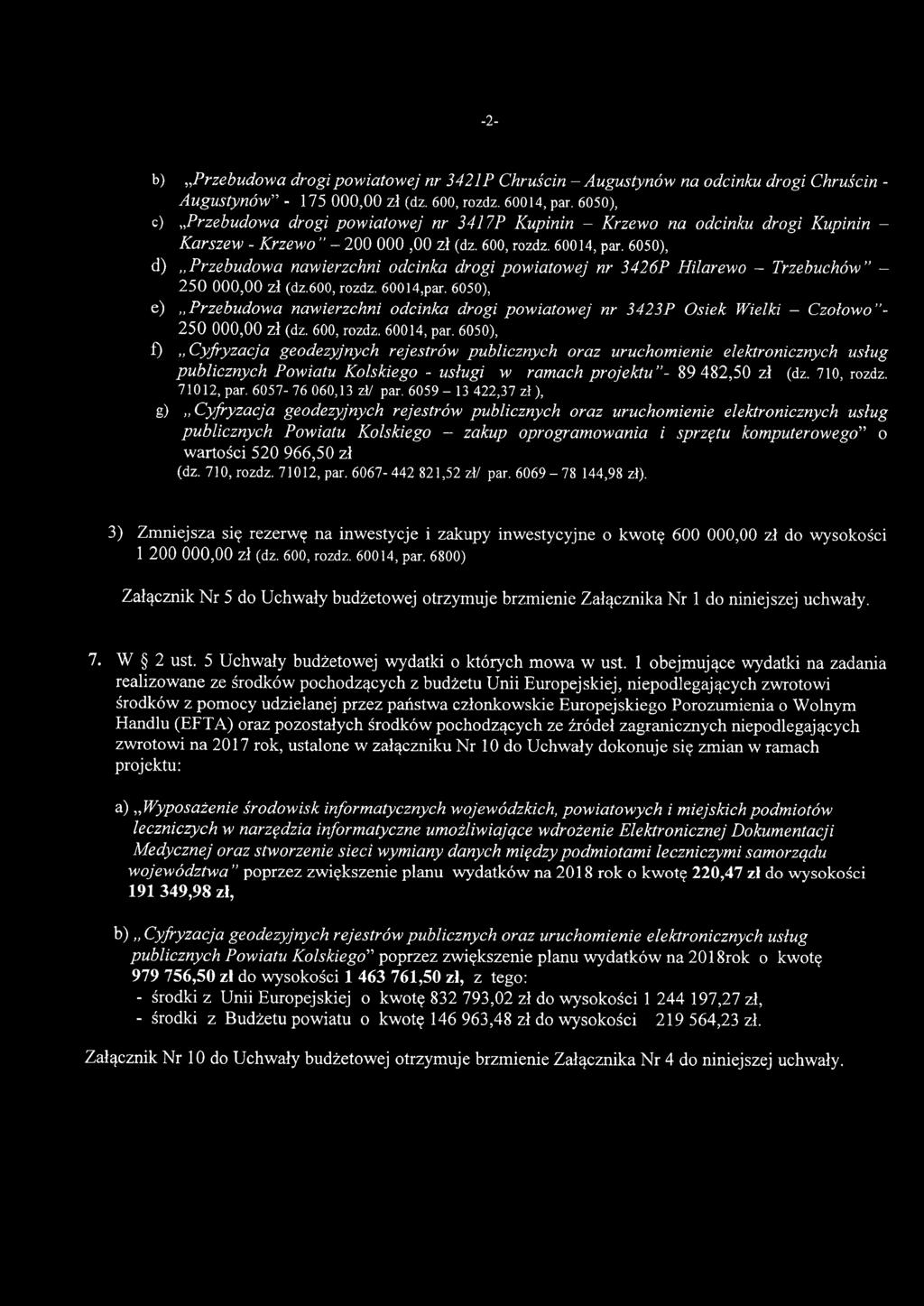 6050), d) "Przebudowa nawierzchni odcinka drogi powiatowej nr 3426P Hilarewo - Trzebuchów" - 250 000,00 zł (dz.600, rozdz. 60014,par.