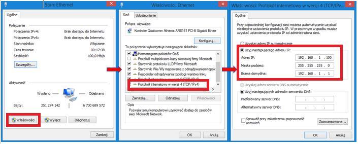 ustalamy adres IP naszego komputera na 192.168.1.100 Przykład ustawienia poniżej: 5) Następnie otwórz przeglądarkę Internet Explorer ( najlepiej w najnowszej wersji).