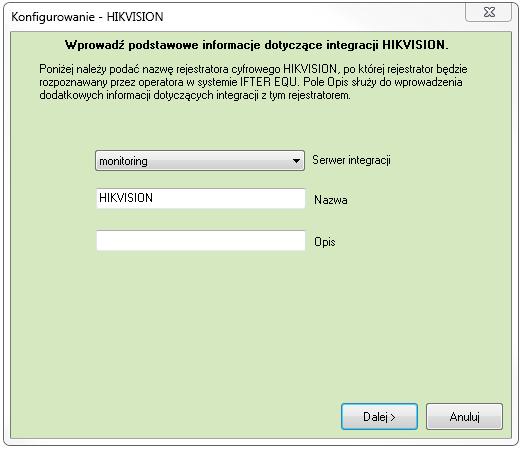 1. Tworzenie integracji A) Informacje ogólne Tworzymy integrację ustawiając: serwer integracji; nazwę integracji; adres IP rejestratora; numer portu: 8000; dane logowania do rejestratora.