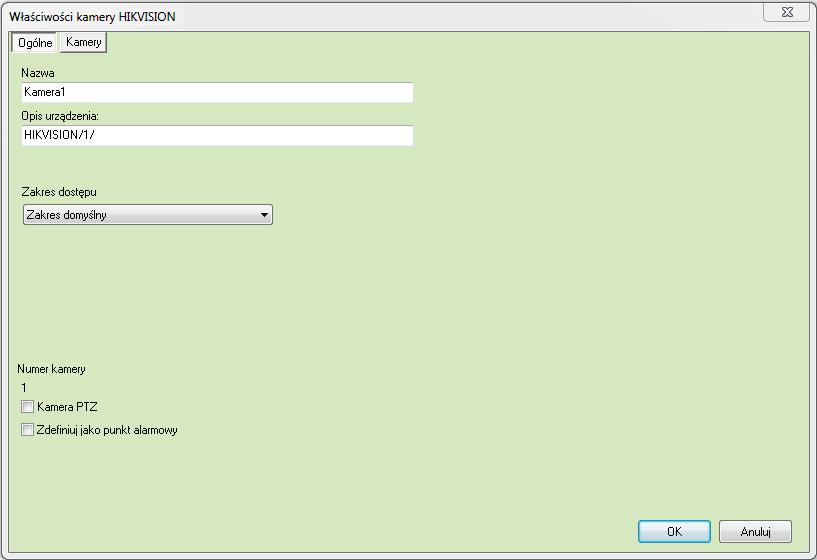 B) Właściwości kamer Aby wejść we właściwości kamer należy użyć przycisku Właściwości z górnego paska menu ; Otworzy się okno właściwości: Nazwa nazwa kamery; Opis urządzenia opis urządzenia przy;
