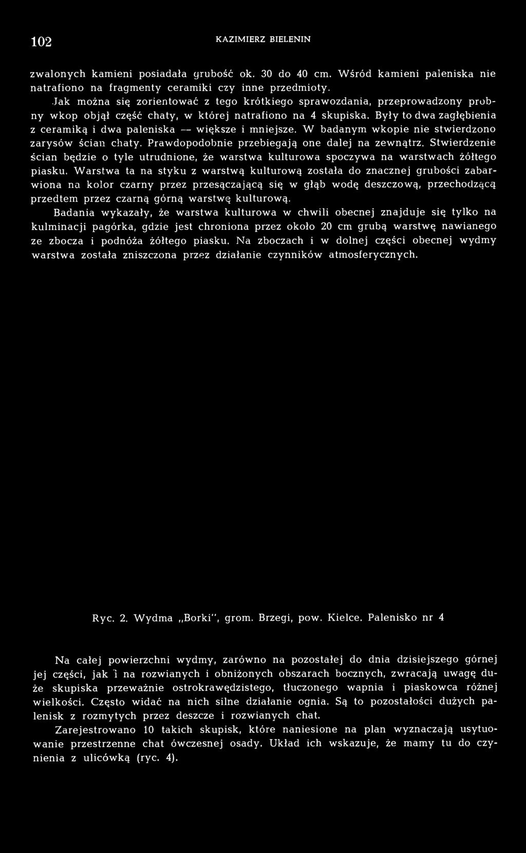 Były to dwa zagłębienia z ceramiką i dwa paleniska większe i mniejsze. W badanym wkopie nie stwierdzono zarysów ścian chaty. Prawdopodobnie przebiegają one dalej na zewnątrz.