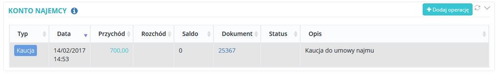 Operacja oznaczana jest etykiet jako Kaucja i nie wlicza si do salda najemcy. Klikajc na numer dodanego dokumentu, moesz oznaczy dan transakcj jako kaucj, czy te pobra lub edytowa dany dokument.