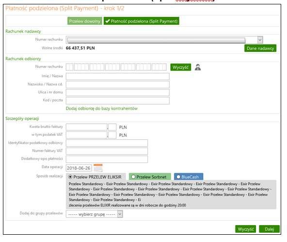 8.4 Przelew Płatność podzielona (Split Payment) Z dniem 1 lipca 2018 r. wchodzi w życie Ustawa z dnia 15 grudnia 2017 r. o zmianie ustawy o podatku od towarów i usług oraz niektórych innych ustaw.
