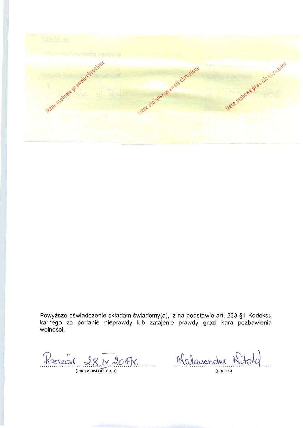 Powyzsze oswiadczenie sktadam swiadomy(a), iz na podstawie art.