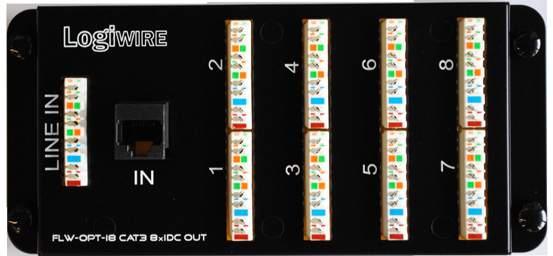 rozszycia: T568A oraz T568B Moduł RJ45, 8pins IDC, 8xRJ45 FLW-OPT-R8 8-pinowe złącza IDC, RJ45 Wyjście 8xRJ45 Malowanie proszkowo (RAL 9005)  rozszycia: T568A oraz T568B