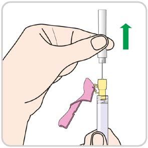 Drugą ręką pociągnąć różową osłonkę igły w kierunku strzykawki. Usunąć przezroczystą osłonkę igły pociągając prosto do góry drugą ręką.