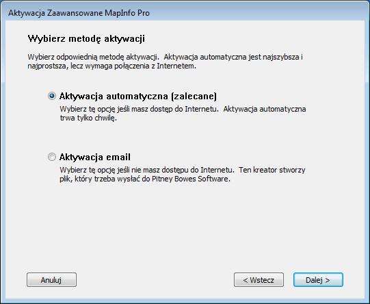 Aktywacja automatyczna Wybierz opcję Aktywacja Automatyczna, jeśli masz połączenie z Internetem. Kreator aktywacji dokona jednorazowego połączenia z serwerem FNO Pitney Bowes.