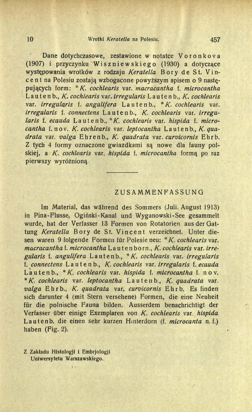 10 Wrotki Keratella na Polesiu. 457 Dane dotychczasowe, zestawione w notatce Voronkova (1907) i przyczynku Wiszniewskiego (1930) a dotyczące występowania wrotków z rodzaju Keratella Bory de St.