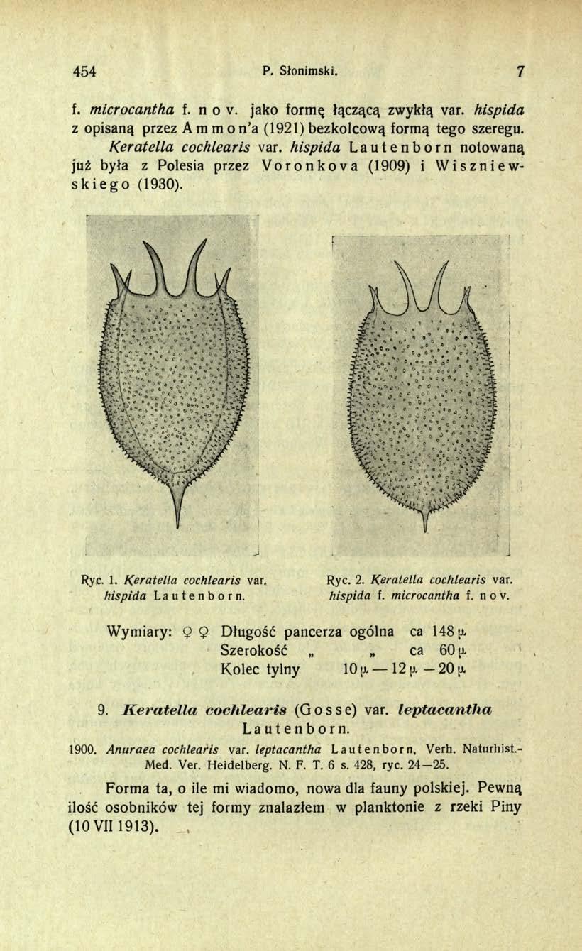 454 P. Słonimski. 7 f. microcantha f. n o v. jako formę łączącą zwykłą var. hispida z opisaną przez A m m o n'a (1921) bezkolcową formą tego szeregu. Keratella cochlearis var.
