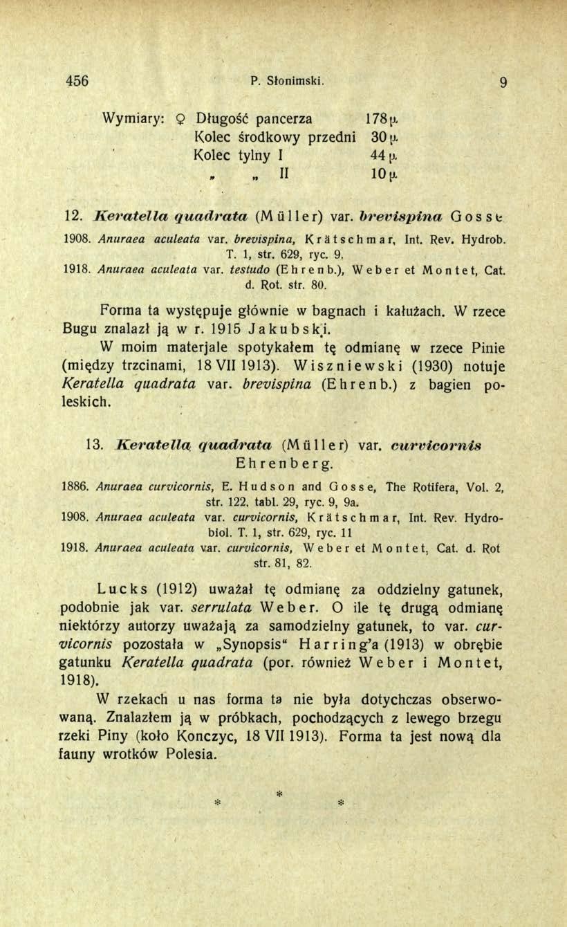 456 P. Słonimski. 9 Wymiary: Q Długość pancerza 178 Kolec środkowy przedni 30 jj- Kolec tylny I II 44 [i 10 {JL 12. Keratella quadrata (Müller) var. brevispina Gos st 1908. Anuraea aculeata var.