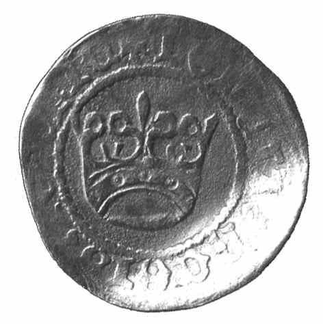 Polska, Stefan, szeląg 1583, Olkusz. Av. STEPHA D G-REX POL M D\, pod koroną inicjał S rozdziela inicjały I-D, u dołu tarcza z herbem Przegonia. Rv.