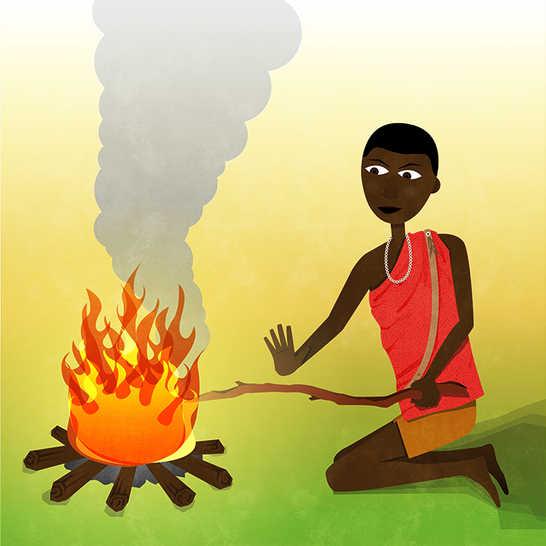Gingile odłożył swoją włócznię, zebrał kilka suchych gałęzi i rozpalił małe ognisko. Kiedy ognisko było dobrze rozpalone, Gingile włożył długi suchy kijek w sam środek ognia.