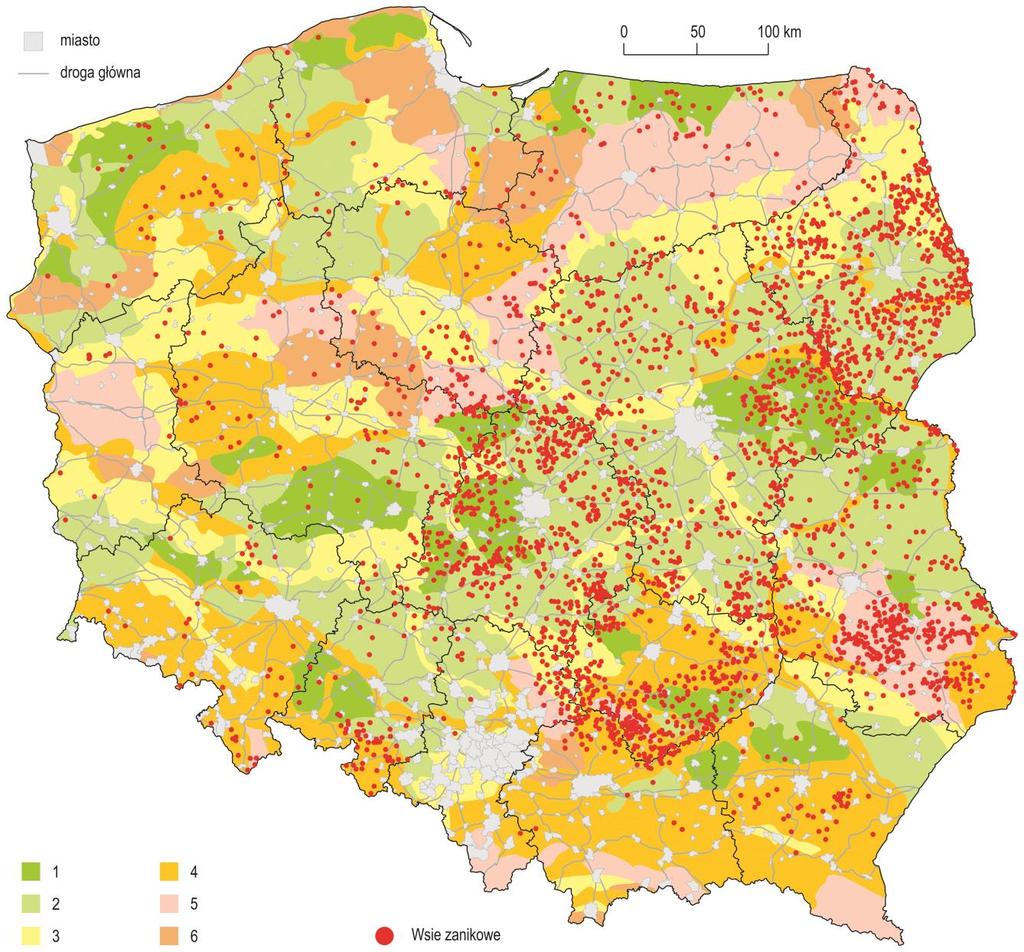 Wsie zanikające na tle typów krajobrazu dla potrzeb rekreacji Źródło: Richling A.