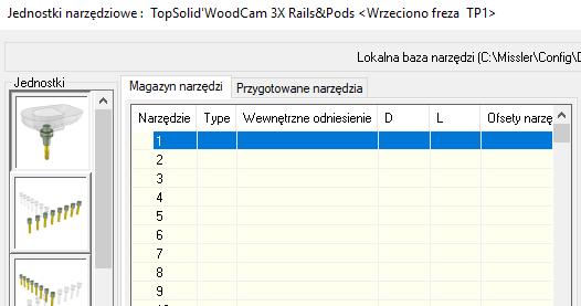Montaż narzędzi w magazynie narzędzi Naciśnij przycisk Narzędzia, wybierz TP1 na liście Jednostki po lewej, a także wybierz T1 na liście.