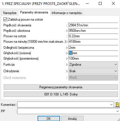 Znajdź specjalny frez SIMPLE_TOOL_SIMPLE_ROUND_R 10 na liście narzędzi Edytuj narzędzie, najpierw klikając na nim prawym