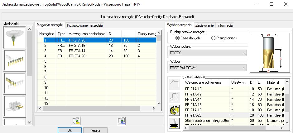 TopSolid'WoodCam Podstawy Lokalna baza danych Ta baza danych służy do przechowywania narzędzi, parametrów skrawania, materiałów Baza danych może być używana lokalnie, bądź w grupie.