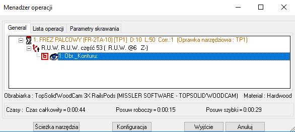 TopSolid'WoodCam Podstawy W dowolnej chwili można zmienić parametry operacji lub wprowadzić potrzebne zmiany, korzystając z funkcji: - Wybierz funkcję Modyfikuj i wybierz ścieżkę operacji.