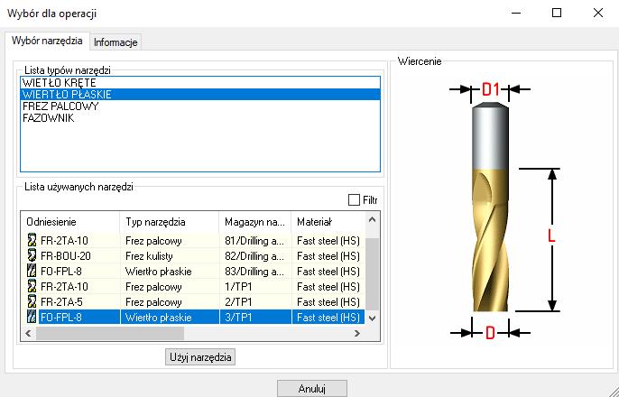TopSolid'WoodCam filtruje dostępne narzędzia zgodnie z wprowadzonymi parametrami.
