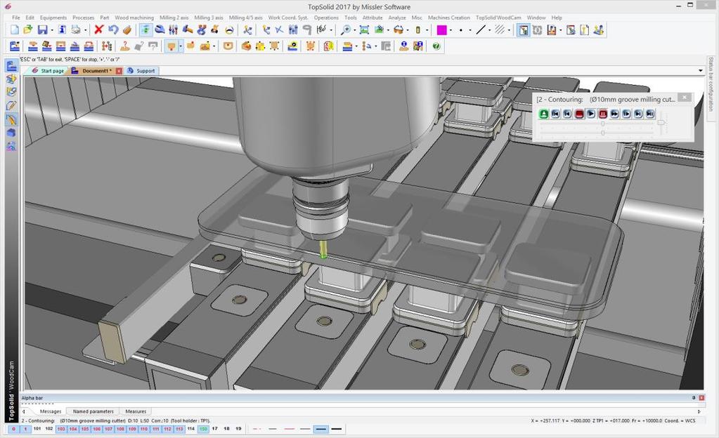 TopSolid'WoodCam Podstawy Rezultatem operacji grawerowania jest: Użyj funkcji Weryfikacja, aby sprawdzić zdefiniowaną operację grawerowania. Symulacja Wybierz funkcję Symulacja.