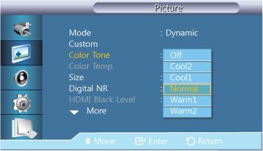 Dost. wyśw. LCD Color Tone Istnieje możliwość zmiany temperatury kolorów. Możliwe jest także dostosowanie indywidualnych komponentów systemu kolorów.
