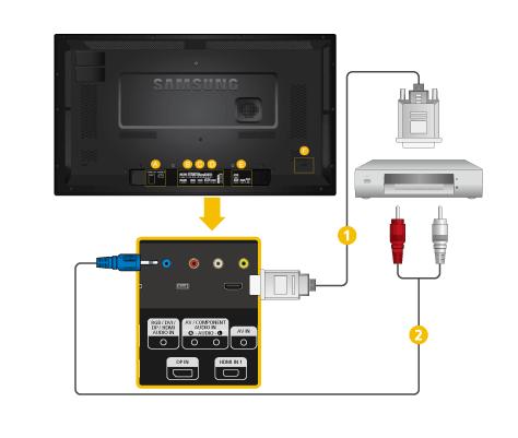 Połączenia 1. Podłącz kabel HDMI do złącza [HDMI IN 2 (MAGICINFO)] lub [HDMI IN 1] w urządzeniu oraz do złącza wyjścia HDMI w urządzeniu cyfrowym.. 2. Naciśnij na urządzeniu lub na pilocie przycisk SOURCE i wybierz opcję HDMI1 / HDMI2.