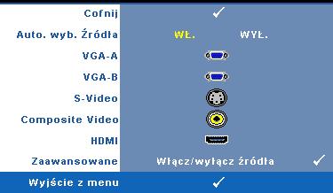 WYB. WEJ Menu Wybór wejścia umożliwia wybór źródła wejścia projektora. AUTO. WYB. źródła Wybór opcji Wył. (domyślna) powoduje blokadę bieżącego sygnału wejścia.