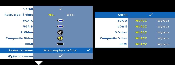 Po naciśnięciu przycisku źródło przy włączonym monitorze, automatycznie wyszuka on następny wolny sygnał wejścia. VGA-A Naciśnij, aby wykryć sygnał VGA-A. VGA-B Naciśnij, aby wykryć sygnał VGA-B.