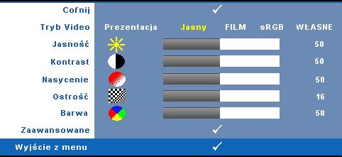 OBRAZ (w trybie Video) Poprzez użycie menu Obraz, można wyregulować ustawienia wyświetlania projektora.
