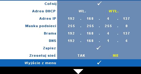 Sieć Menu Sieć umożliwia konfigurację ustawień połączenia z siecią.